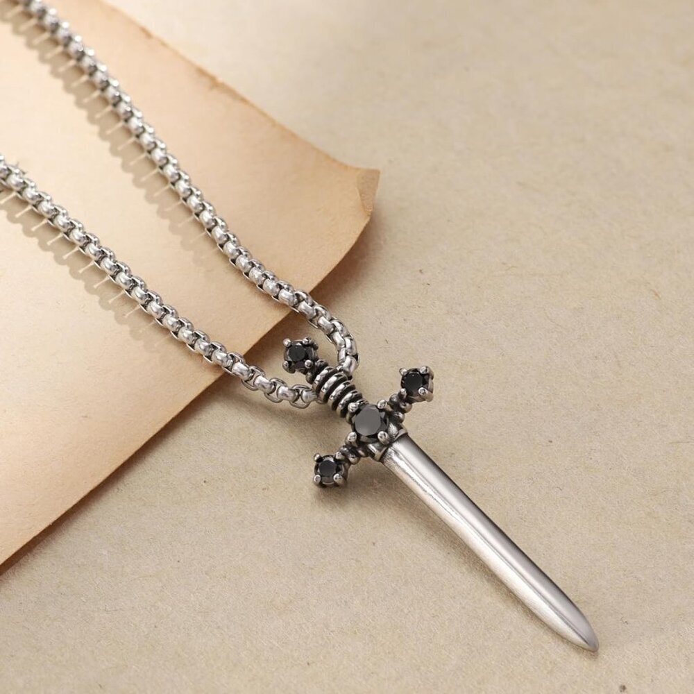 Gothic Silver-tone Sword Necklace Titanium Steel Punk Emo Gift for Women - Picture 6 of 7